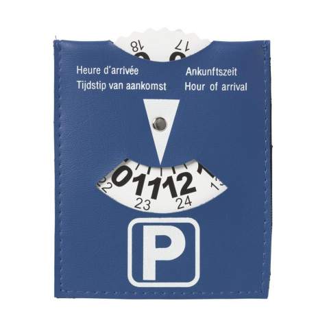 Parking disk made of blue imitation leather.