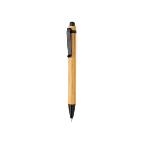 Schwarzschreibender Kugelschreiber mit Schaft aus Bambusholz mit Metall-Clip.