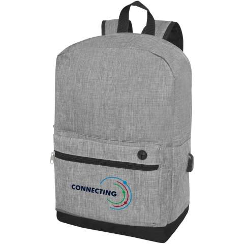 Laptop backpack designed with heathered colour effect in the front panel and black colour in the bottom part and back panel. Features a large zippered main compartment with a padded 15.6" laptop sleeve and a front zippered compartment for quick access to mobile devices. Comes with USB port including USB-A cable with 1 male and 1 female connector. Convenient padded shoulder straps, grab handle, and a mesh water bottle pocket. There may be minor variations in the colour of the actual product due to the nature of the fabric dyes, weaves, and printing.