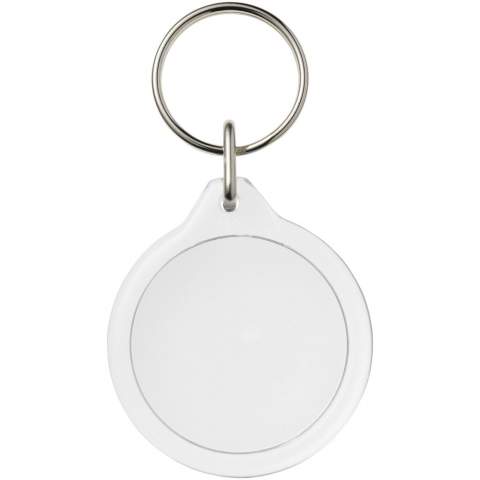 Clear I7 round keychain with metal split keyring. The metal looped ring offers a flat profile which is ideal for mailings. Print insert diameter: 3,3 cm.