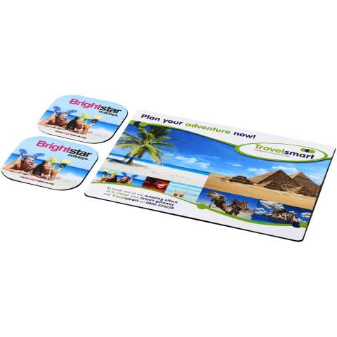 Supplied with a Brite-Mat mouse mat and a set of matching coasters. The set comprises of a rectangular mousemat (0.3 x 19 x 24 cm) and two square coasters (0.3 x 9.5 x 9.5 cm).