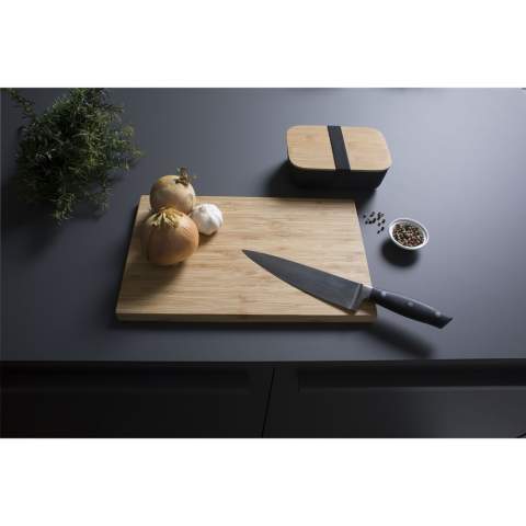 Durable cutting board made from high-quality bamboo. Can also be used as a serving platter. Large size and beautifully designed with subtly sloping sides. Barely absorbs moisture, allowing this product to maintain its optimal quality. Each item is individually boxed.