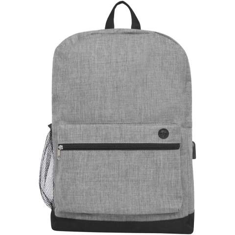 Laptop backpack designed with heathered colour effect in the front panel and black colour in the bottom part and back panel. Features a large zippered main compartment with a padded 15.6" laptop sleeve and a front zippered compartment for quick access to mobile devices. Comes with USB port including USB-A cable with 1 male and 1 female connector. Convenient padded shoulder straps, grab handle, and a mesh water bottle pocket. There may be minor variations in the colour of the actual product due to the nature of the fabric dyes, weaves, and printing.