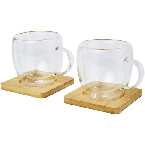 A set of 2 double-wall thermal glasses with bamboo coaster. The bamboo comes from sustainable, environmentally, and socially responsible sources. Thanks to the double borosilicate glass, the temperature of the drink is retained for a long time. Volume capacity is 250 ml. Coaster size: 10 x 10 x 1 cm.