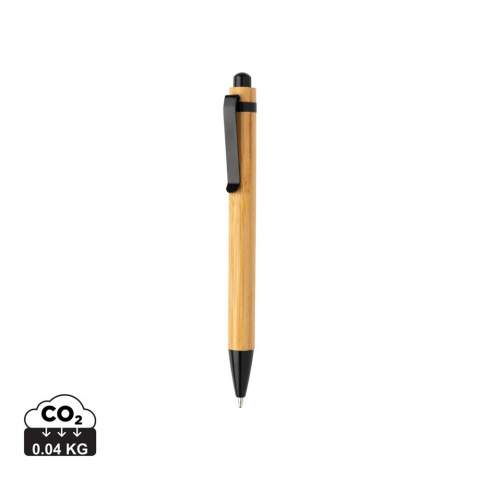 Schwarzschreibender Kugelschreiber mit Schaft aus Bambusholz mit Metall-Clip.