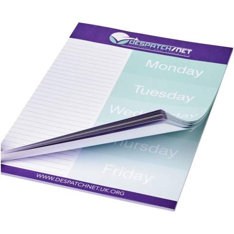 Weißer Desk-Mate® A4 Notizblock mit 80g/m2 Papier. Vollfarbdruck auf jedem Blatt möglich. Erhältlich in 3 Größen: 25, 50, 100 Blatt.