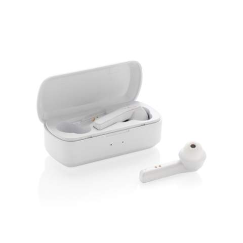 Ecouteurs en ABS avec technologie BT 5.0 pour connexion facile (jusqu’à 10m) et une qualité d’écoute parfaite. Batterie 35 mAh pour 3 heures d’écoute et peut être rechargé en 1 heure dans le boîtier de charge de 500 mAh. Livré avec des embouts de différentes tailles. Avec fonction micro et prise d’appel.<br /><br />HasBluetooth: True<br />PVC free: true