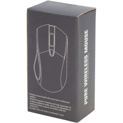 Antibacterial wireless optical mouse with ergonomic design, with a DPI button (800/1200/1600) for adjusting the precision of the pointer. Antibacterial additive with high effectiveness in inhibiting the growth of bacteria and fungi. Tested according to ISO 22196:2011. Powered by 2xAA batteries (not included). Delivered in a premium gift box.