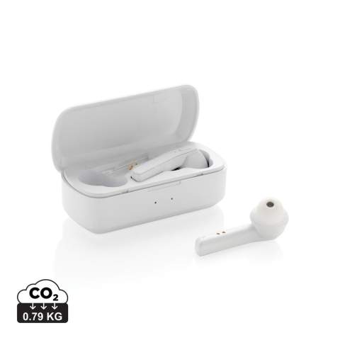 Ecouteurs en ABS avec technologie BT 5.0 pour connexion facile (jusqu’à 10m) et une qualité d’écoute parfaite. Batterie 35 mAh pour 3 heures d’écoute et peut être rechargé en 1 heure dans le boîtier de charge de 500 mAh. Livré avec des embouts de différentes tailles. Avec fonction micro et prise d’appel.<br /><br />HasBluetooth: True<br />PVC free: true