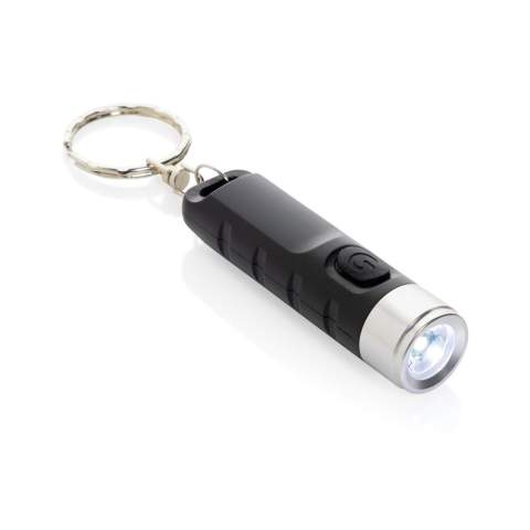 Per USB wiederaufladbare Schlüsselanhänger-Taschenlampe hergestellt aus RCS recyceltem ABS.  Die 1-LED-Schlüsselanhänger-Taschenlampe hat durch den 155mAh Akku eine Laufzeit von bis zu 3 Stunden mit einer einzigen Ladung. Wenn der Akku leer ist, kann er einfach über den Type-C-Eingang wieder aufgeladen werden. Die Taschenlampe verfügt über 3 Leuchtmodi (stark, mittel und blinkend) und hat eine Reichweite von bis zu 10 Metern. Verpackt in FSC-Mix-Kunststoffbox. Gesamter recycelter Inhalt: 33%, bezogen auf das Gesamtgewicht des Artikels. Die RCS-Zertifizierung gewährleistet eine vollständig zertifizierte Lieferkette der recycelten Materialien. PVC-frei. Inklusive Type-C Ladekabel aus recyceltem TPE.<br /><br />Lightsource: LED<br />LightsourceQty: 1<br />PVC free: true
