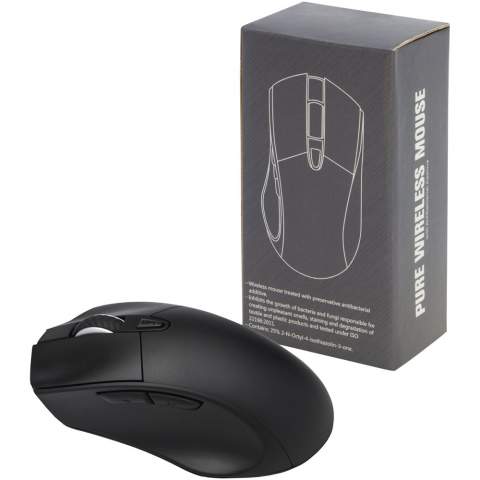 Antibacterial wireless optical mouse with ergonomic design, with a DPI button (800/1200/1600) for adjusting the precision of the pointer. Antibacterial additive with high effectiveness in inhibiting the growth of bacteria and fungi. Tested according to ISO 22196:2011. Powered by 2xAA batteries (not included). Delivered in a premium gift box.