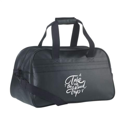 Practical PVC/PU synthetic leather weekend bag with an attractive design. A spacious main compartment and zip pocket compartments offer plenty of space for storing your items for travel. In addition, the bag is neatly finished with an inner lining and equipped with two sturdy handles, an insert base, protective studs and a detachable, adjustable shoulder strap. This weekend bag has an attractive matte black finish and is made from high-quality materials that guarantee this product will last. Capacity approx. 21.5 litres.