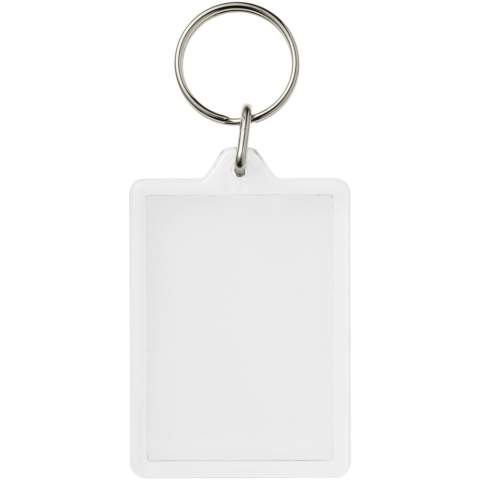 Clear rectangular C1 keychain with metal split keyring. The metal looped ring offers a flat profile which is ideal for mailings. Print insert dimensions: 5,0 cm x 3,5 cm.