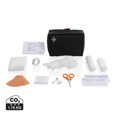 Luxury first aid kit, featuring a water-repellent nubuck-PU material that is both stylish and practical. The material is easy to clean and repels water, making it perfect for use while on the go 1pc PBT bandage, 1pc PBT and compress bandage, 1pc triangle bandage, 1pc safe kiss, 1 pair of gloves, 1pc tape, 3pcs pin, 1pc scissor, 10pcs plasters and 4pcs alcohol pads; ; All content according to Medical Device Directives: 93/42/EEC and EU (2017/745), EN ISO 13485:2016; All content (except for pins and scissor) packed in paper bag marked with all mandatory markings needed for EU, like “Expiration date, CE, LOT number. Total recycled content: 24 % based on total item weight. RCS certification ensures a completely certified supply chain of the recycled materials <br /><br />PVC free: true