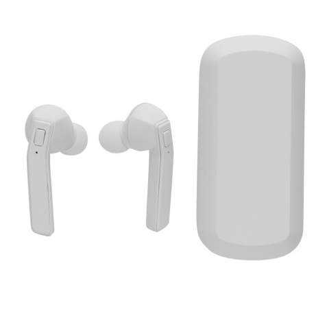 Ecouteurs en ABS avec technologie BT 5.0 pour connexion facile (jusqu’à 10m) et une qualité d’écoute parfaite. Batterie 35 mAh pour 3 heures d’écoute et peut être rechargé en 1 heure dans le boîtier de charge de 500 mAh. Livré avec des embouts de différentes tailles. Avec fonction micro et prise d’appel.<br /><br />HasBluetooth: True<br />PVC free: true