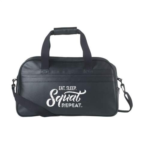 Practical PVC/PU synthetic leather weekend bag with an attractive design. A spacious main compartment and zip pocket compartments offer plenty of space for storing your items for travel. In addition, the bag is neatly finished with an inner lining and equipped with two sturdy handles, an insert base, protective studs and a detachable, adjustable shoulder strap. This weekend bag has an attractive matte black finish and is made from high-quality materials that guarantee this product will last. Capacity approx. 21.5 litres.