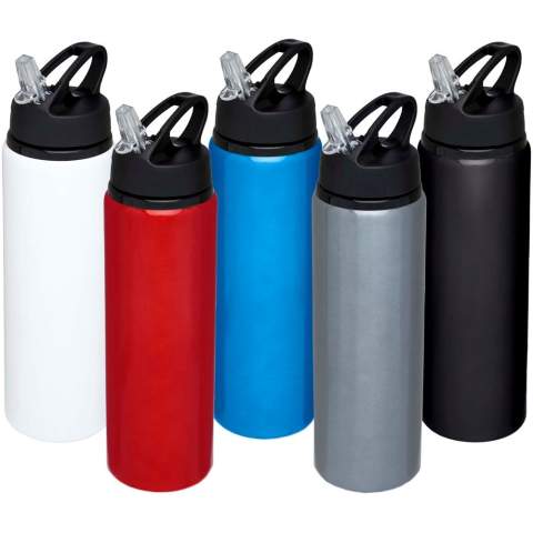 Einwandige Flasche aus Aluminium, Schraubdeckel mit Klappdeckel-Trinköffnung. Der Deckel verfügt über einen Griff für einfaches Tragen. BPA-frei. Das Fassungsvermögen beträgt 800 ml.