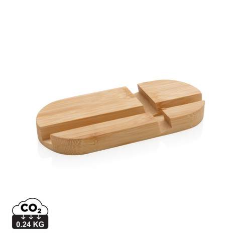 Phone stand made from completely natural bamboo. Perfect on your desk or when you are working from home. The stand can hold most mobile devices and tablets.  The shorter groove is optimized for mobile phones and the longer one for tablets.
