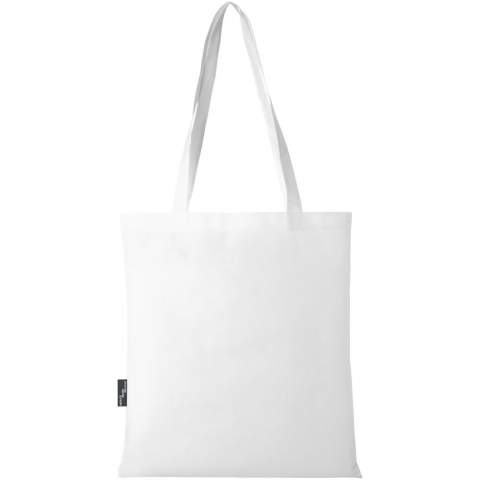 Made from durable and tear resistant RPET, the Zeus GRS recycled large tote bag is a perfect and more sustainable option for fairs or conferences. Its slim design makes it an elegant model and suitable for carrying lightweight items like a notebook and a pen. The handles are 29 cm long and therefore the tote bag is easy to carry over the shoulder. Resistance up to 5 kg weight.