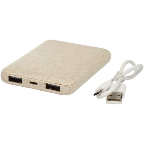 5000 mAh light weight and compact power bank made of wheat straw and plastic material mixed together, reducing the amount of plastic needed. Dual USB output that allows for charging 2 devices at the same time. Packaged in a gift box and delivered with an instruction manual (both made of sustainable material). Micro-USB charging cable is included.