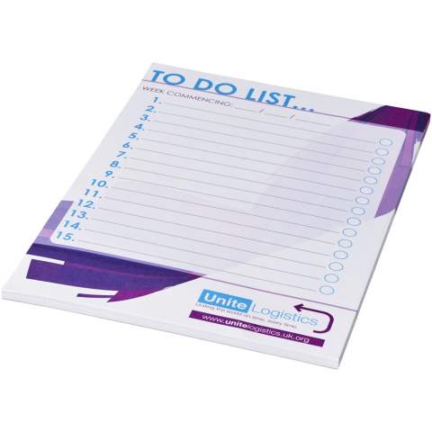 Bloc-notes Desk-Mate® A5 blanc avec des feuilles de papier vierge de 80 g/m². Marquage possible sur chaque feuille. 3 tailles disponibles  (25/50/100 feuilles).