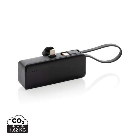 Portable and pocket size powerbank that’s easy to bring on the go. The powerbank comes with a lightning connector plug that you can easily connect to your iPhone to start charging direct. The 3000 mAh powerbank also has an integrated USB C input and output cable that can be used to charge USB C items and to re-charge the powerbank. No need to carry any cables to use or re-charge this powerbank. Made with recycled ABS and recycled TPE. Total recycled content: 19% based on total item weight. RCS certification ensures a completely certified supply chain of the recycled materials. Packed in FSC® packaging. PVC Free. Input: 5V/2.1A Output 5V/2.4A.<br /><br />PowerbankCapacity: 3000<br />PVC free: true