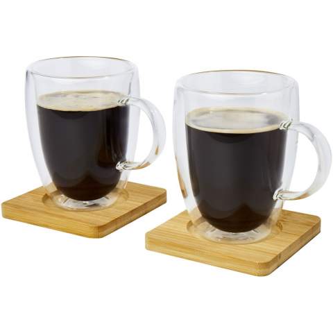 A set of 2 double-wall thermal glasses with bamboo coaster. The bamboo comes from sustainable, environmentally, and socially responsible sources. Thanks to the double borosilicate glass, the temperature of the drink is retained for a long time. Volume capacity is 350 ml. Coaster size: 10 x 10 x 1 cm.