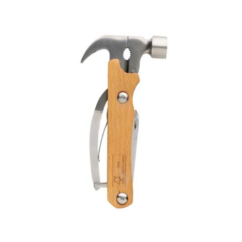 Hammer multi-tool made with FSC 100% beech wood, high hardness and corrosion resistant stainless steel (420). Rockwell hardness 42-52. The item comes with 10 functions: Plier, Nail ,Claw, Hammer, Wire cutter, File, Flat screwdriver, Bottle opener, Philips screwdriver, Saw, Knife. Blade is food safe. Packed in FSC mix kraft box.<br /><br />PVC free: true