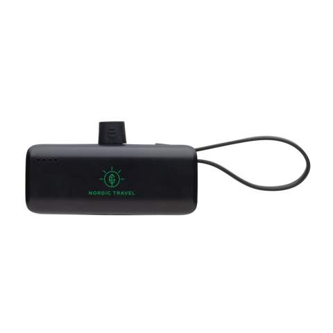 Portable and pocket size powerbank that’s easy to bring on the go. The powerbank comes with a lightning connector plug that you can easily connect to your iPhone to start charging direct. The 3000 mAh powerbank also has an integrated USB C input and output cable that can be used to charge USB C items and to re-charge the powerbank. No need to carry any cables to use or re-charge this powerbank. Made with recycled ABS and recycled TPE. Total recycled content: 19% based on total item weight. RCS certification ensures a completely certified supply chain of the recycled materials. Packed in FSC® packaging. PVC Free. Input: 5V/2.1A Output 5V/2.4A.<br /><br />PowerbankCapacity: 3000<br />PVC free: true