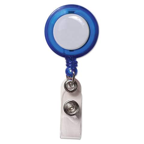 Transparenter Namensschildhalter mit Ausziehband: 50cm und Clip auf der Rückseite. Werbeanbringung mittels Doming.
