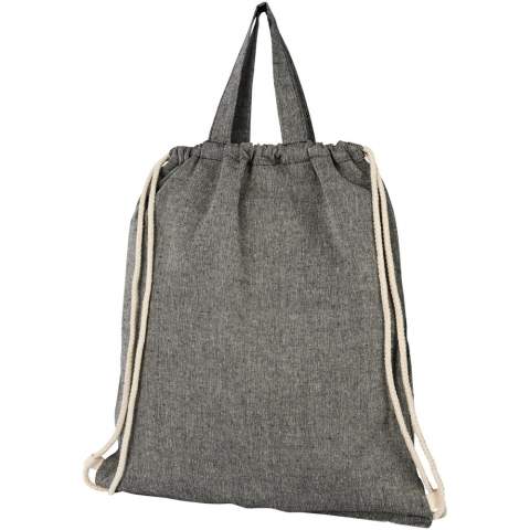 Drawstring bag made of 150 g/m² recycled cotton polyester blend. Recycled cotton is manufactured from pre-consumer waste generated by textile factories during the cutting process. Similar colours are blended together so no additional dyeing is required. Large main compartment with cotton drawstring closure in natural colour. Features two handles with a dropdown height of 14 cm. Resistance up to 5 kg weight. There may be minor variations in the colour of the actual product due to the nature of the production process.