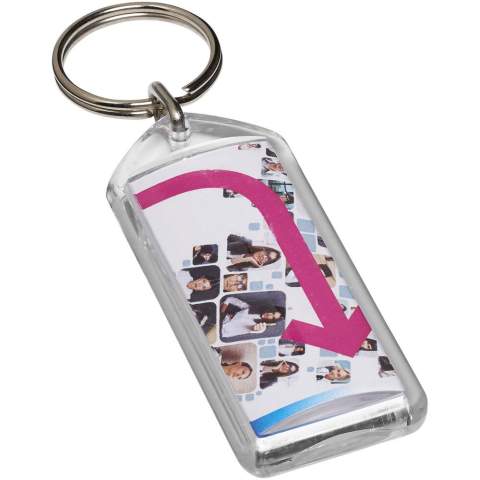 Clear rectangular F1 keychain with metal split keyring. This keychain is reopenable with a coin. The metal looped ring offers a flat profile which is ideal for mailings. Print insert dimensions: 5,0 cm x 2,0 cm.