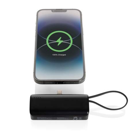 Portable and pocket size powerbank that’s easy to bring on the go. The powerbank comes with a lightning connector plug that you can easily connect to your iPhone to start charging direct. The 3000 mAh powerbank also has an integrated USB C input and output cable that can be used to charge USB C items and to re-charge the powerbank. No need to carry any cables to use or re-charge this powerbank. Made with recycled ABS and recycled TPE. Total recycled content: 19% based on total item weight. RCS certification ensures a completely certified supply chain of the recycled materials. Packed in FSC® packaging. PVC Free. Input: 5V/2.1A Output 5V/2.4A.<br /><br />PowerbankCapacity: 3000<br />PVC free: true