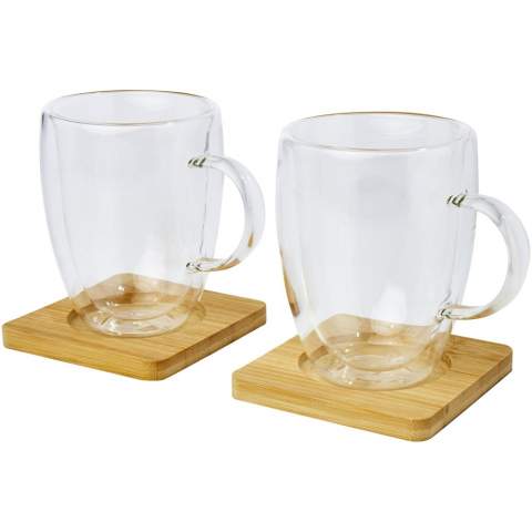 A set of 2 double-wall thermal glasses with bamboo coaster. The bamboo comes from sustainable, environmentally, and socially responsible sources. Thanks to the double borosilicate glass, the temperature of the drink is retained for a long time. Volume capacity is 350 ml. Coaster size: 10 x 10 x 1 cm.