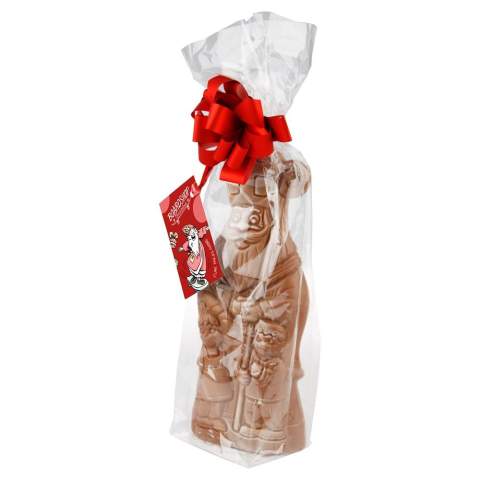 Grote holle melkchocolade Sinterklaaspop ca. 300 gram in een transparant zakje, voorzien van een full colour dubbelzijdig bedrukt kaartje