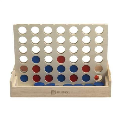 Strategic game suitable for 2 players. This compact version is made from FSC 100% certified polywood and plywood and comes with 21 bricks in red and blue. With a handy swivel function to put the frame upright. The first person to line up 4 stones of the same color horizontally, vertically or diagonally is the winner. A game for young and old. Incl. instructions. Each item is individually boxed.
