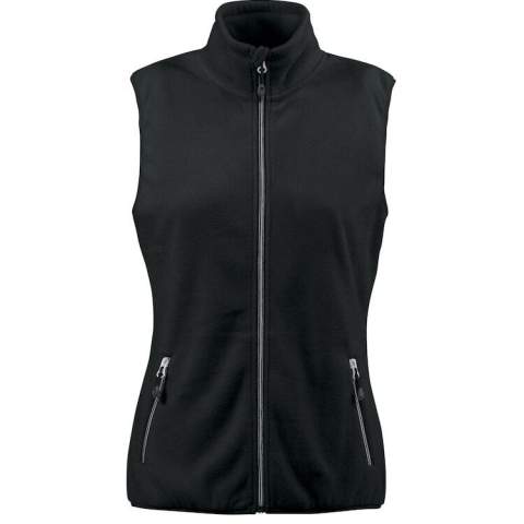 Geborstelde bodywarmer met lange ritssluiting voor dames en heren. Geborsteld aan beide zijden. Twee voorzakken, contrasterende ritssluitingen en decoratieve stiksels op de mouwen. Elastische tape aan de boord onderaan en de manchetten.