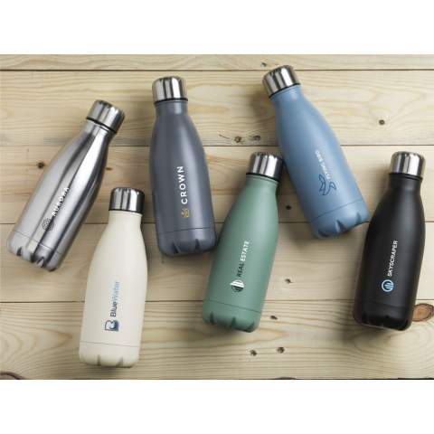 Single-walled stainless steel water bottle with leak-proof screw cap. Capacity 500 ml. Each item is individually boxed.