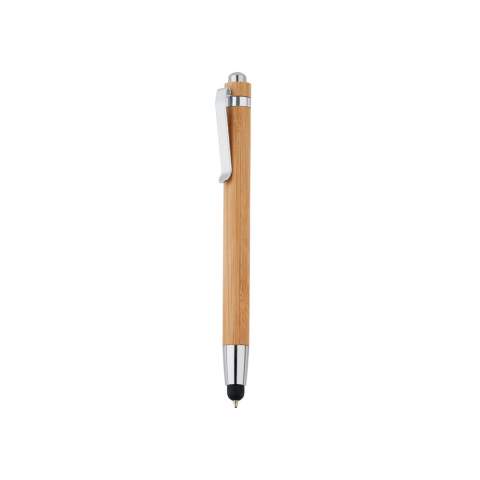 Bamboo touch pen with integrated stylus tip and ballpoint.