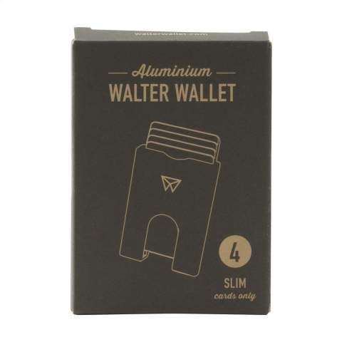 A sustainable card holder made from recycled aluminum. The ultimate, minimalist card holder. Suitable for storing 4 cards.  Walter Wallets are ultra-thin card holders made from recycled materials. Your cards are safely protected with the patented Stack-and-Slide system. With the Walter Wallet you take out your cards in one hand and you can see exactly which card you need. Each item is supplied in an individual brown cardboard box.