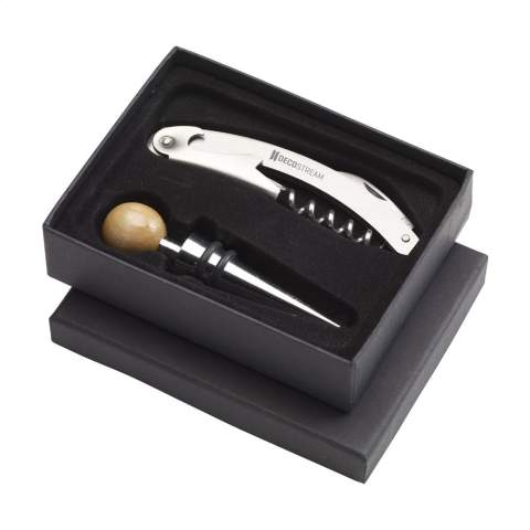 2-piece wine gift set: matte steel waiters friend and bottle stopper with rounded wooden handle. Each set in a box. Items supplied as a set with, each set individually boxed.
