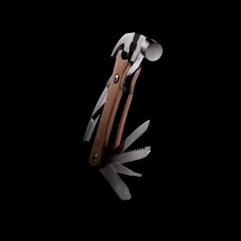 Hammer multi-tool made with FSC 100% beech wood, high hardness and corrosion resistant stainless steel (420). Rockwell hardness 42-52. The item comes with 10 functions: Plier, Nail ,Claw, Hammer, Wire cutter, File, Flat screwdriver, Bottle opener, Philips screwdriver, Saw, Knife. Blade is food safe. Packed in FSC mix kraft box.<br /><br />PVC free: true