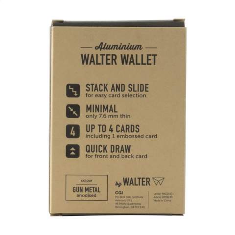 A sustainable card holder made from recycled aluminum. The ultimate, minimalist card holder. Suitable for storing 4 cards.  Walter Wallets are ultra-thin card holders made from recycled materials. Your cards are safely protected with the patented Stack-and-Slide system. With the Walter Wallet you take out your cards in one hand and you can see exactly which card you need. Each item is supplied in an individual brown cardboard box.
