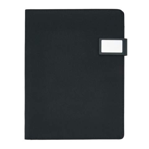 A4 tech portfolio with luxury magnetic metal closure. Inside: a tablet/phone stand, phone holder with see-through window which allows you to view and access your device. Suitable for most common phones. With sleeve for documents, 2 card holders and pen loop. Including recycled A4 notepad.<br /><br />NotebookFormat: A4<br />NumberOfPages: 20<br />PaperRulingLayout: Lined pages