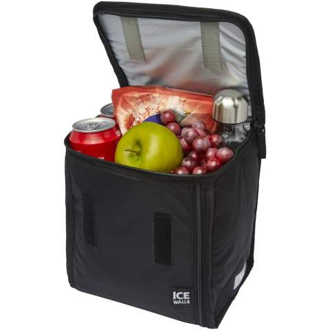 Innovative lunch cooler bag including 4 removable, reusable ice packs that slide into the walls of the cooler bag. Main compartment folds over or can be zippered for a larger storage area. Padded carry handle with attachable Swing Clip™. Ultra Safe™ leak-proof PEVA lining that is easy to clean.