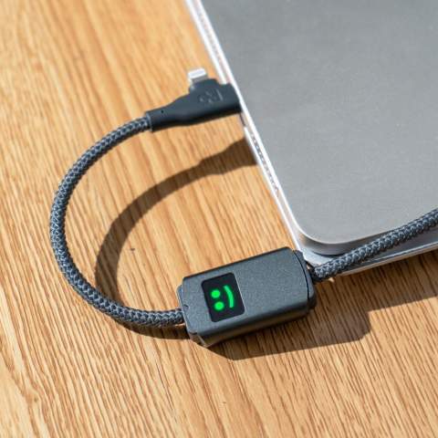 Clever aufladen! 100W für MacBooks, Laptops, Tablets, Smartphones. Cleveres Smiley-Symbol: schnelles (grünes) oder normales (weißes) Laden. Aus recyceltem Aluminium und Kunststoff für schnelles Laden und Datentransfer.