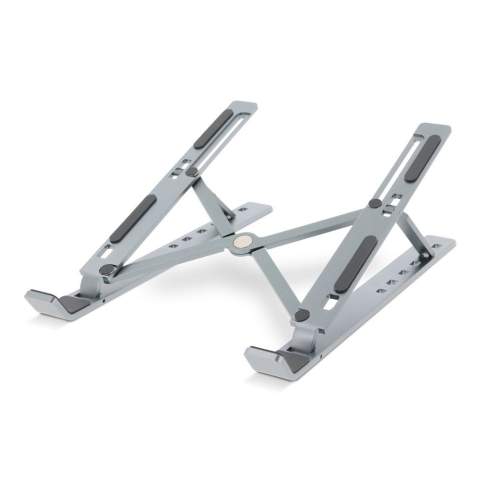 Indispensable for your office and on the go! This folding laptop stand has a universal design for any laptop up to 15.6 inches. The aluminum material is sturdy, and the clever design is adjustable to 6 different angles. Fold the stand and take it with you in the included deluxe travel pouch.