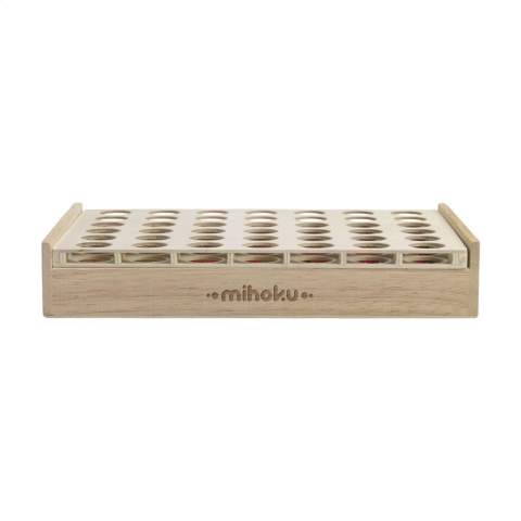 Strategic game suitable for 2 players. This compact version is made from FSC 100% certified polywood and plywood and comes with 21 bricks in red and blue. With a handy swivel function to put the frame upright. The first person to line up 4 stones of the same color horizontally, vertically or diagonally is the winner. A game for young and old. Incl. instructions. Each item is individually boxed.