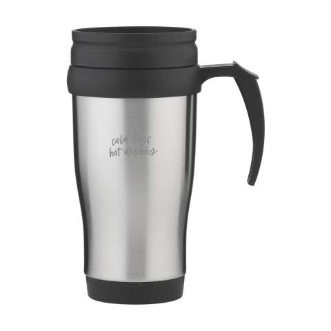 Double-walled stainless steel and plastic thermo mug with screw top lid and slide/click opening. Capacity 400 ml. Each item is individually boxed.