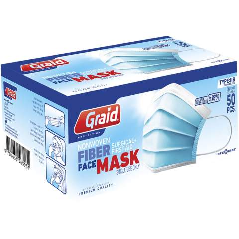 Graid-Schutz. Typ IIR Gesichtsmaske mit 3 Schichten. Gesichtsmaske mit weichem und starkem elastischen Band für die Ohren und Nasenklemme sorgt für eine gute Passform. Die Maske hat eine hohe bakterielle Filtration. Die Einwegmaske wird für die allgemeine Bevölkerung und medizinisches Fachpersonal empfohlen, um Kreuzkontamination zu reduzieren. Schutz vor und Minimierung des Infektionsrisikos. Bietet Komfort durch atmungsaktives Material, das die Haut nicht reizt. CE-Gekennzeichnet gemäß EU-Richtlinie über Medizinprodukte 93/42 / EWG, Anhang V.3&Vii, Regel 1 Klasse 1. Typ IIR nach EN 14683:2019 zugelassen. Wir garantieren Bakterienfiltereffekt (BFE) von 98% und Spritzfestigkeit.  Biokompatibilität getestet. Nur in 50er Einheiten erhältlich (Mindestbestellmenge 50 Stück). Verpackt in einer Box, 10 x 8 x 19 cm.